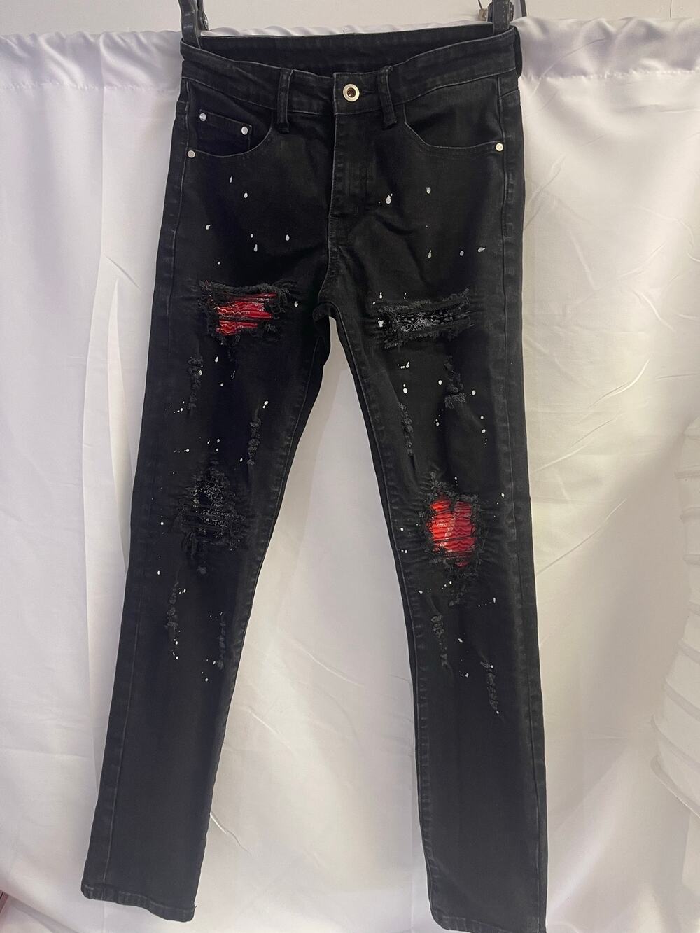 Mens Black Distressed Jeans Size 28 Red Bandana Paint Splatter Ripped Streetwear